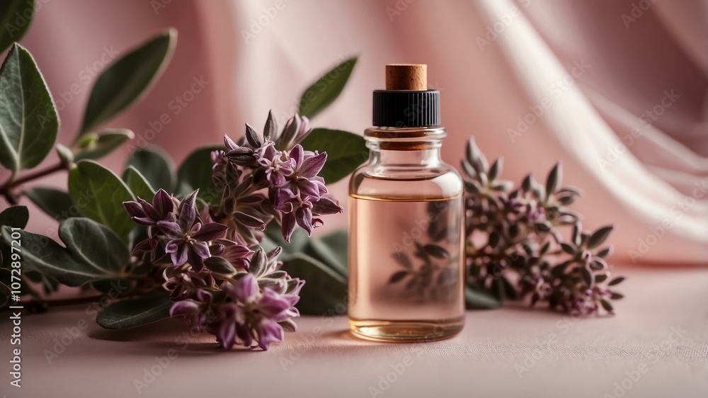 Aesthetic bottle of essential oil on a pink silk background. Clary Sage on the side. Aesthetic bottle of essential oil on a pink silk background. Clary Sage on the side.