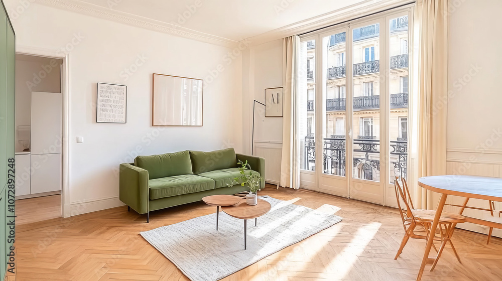 Fototapeta premium A bright and airy living room featuring green sofa, wooden coffee table, and dining area with chairs. Large windows allow natural light to fill space, enhancing its inviting atmosphere