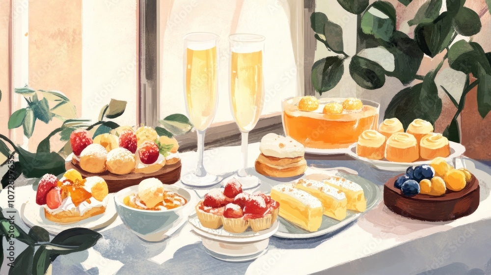 A table setting with a variety of pastries, fruit, and champagne glasses in a sunlit room. A table setting with a variety of pastries, fruit, and champagne glasses in a sunlit room.