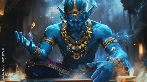 Magic Aladdin lamp. Summon, control a wish granting Genie. Handsome blue giant almighty powerful servant. Man emerges from ancient golden vessel ready to serve, grant wishes. Kid fairy tale. photo