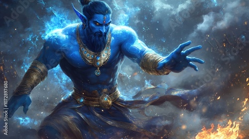Magic Aladdin lamp. Summon, control a wish granting Genie. Handsome blue giant almighty powerful servant. Man emerges from ancient golden vessel ready to serve, grant wishes. Kid fairy tale.