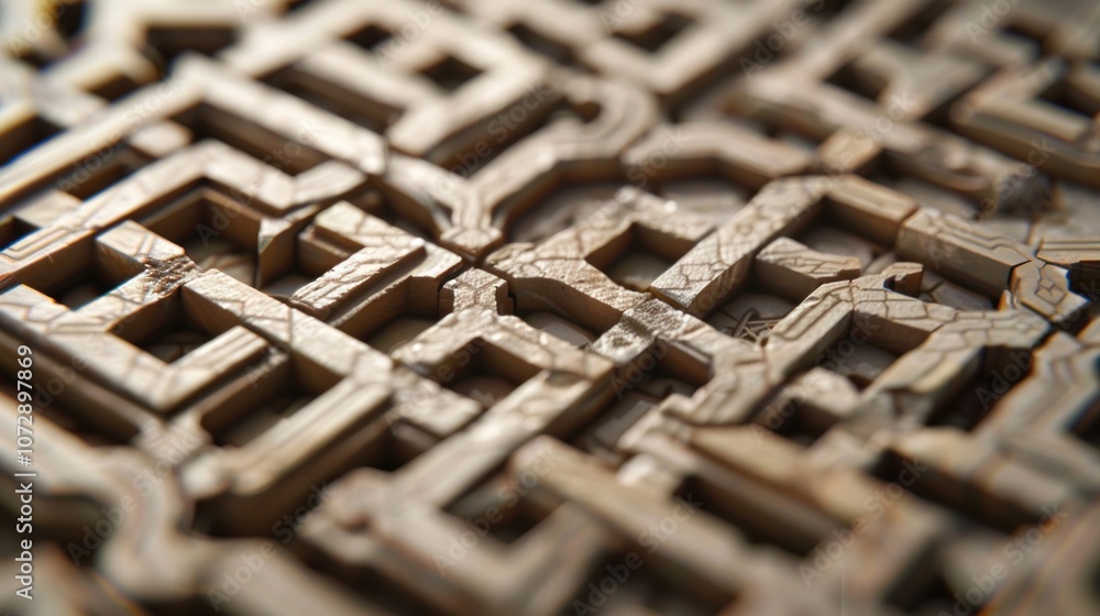 Close-up of intricate wooden pattern with squares and lines. Close-up of intricate wooden pattern with squares and lines.