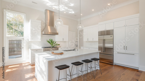 Modern kitchen design features sleek cabinetry, large island, and stainless steel appliances, creating bright and inviting space perfect for cooking and entertaining