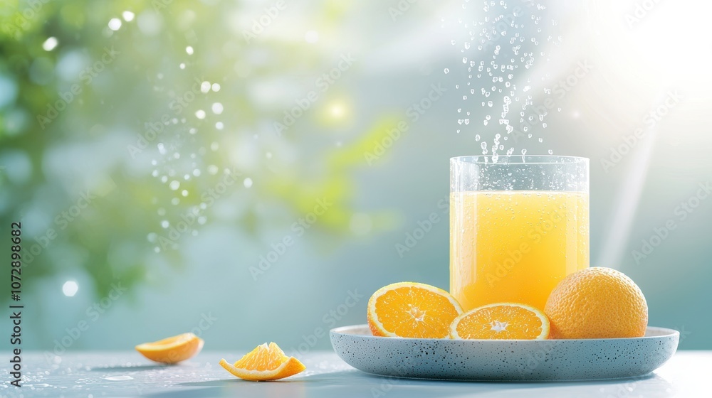 Naklejka premium A glass of freshly squeezed orange juice with condensation dripping down the sides, accompanied by a bowl of freshly sliced oranges.