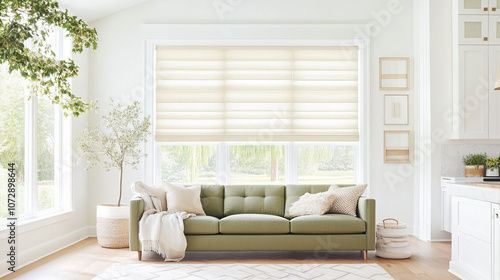 A modern living room featuring green sofa, large windows with light colored shades, and bright, airy atmosphere. decor includes plants and framed art, creating serene space