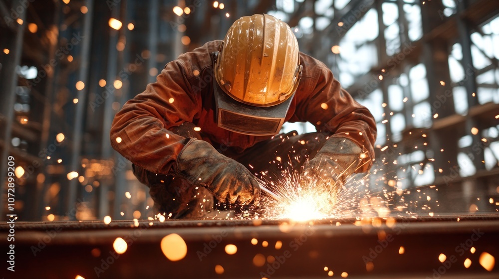 Construction worker welding metal beams at a building site sparks flying protective equipment worn to ensure safety scaffolding surrounding the structure Construction worker welding metal beams at a building site sparks flying protective equipment worn to ensure safety scaffolding surrounding the structure