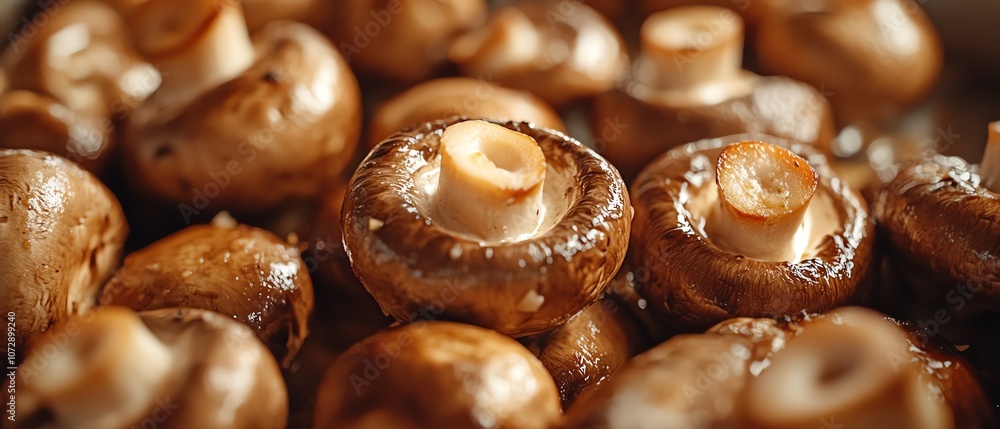 Freshly cooked brown mushrooms on display. Freshly cooked brown mushrooms on display.