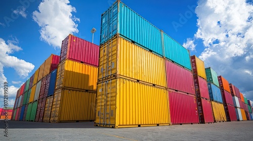 Containers loaded in a logistics hub ready to be loaded onto trucks and ships as part of a global shipping network. Trade and distribution photo