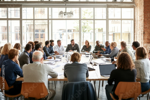 Collaborative meeting with diverse professionals engaged in discussion around large table, showcasing teamwork and communication in modern office setting