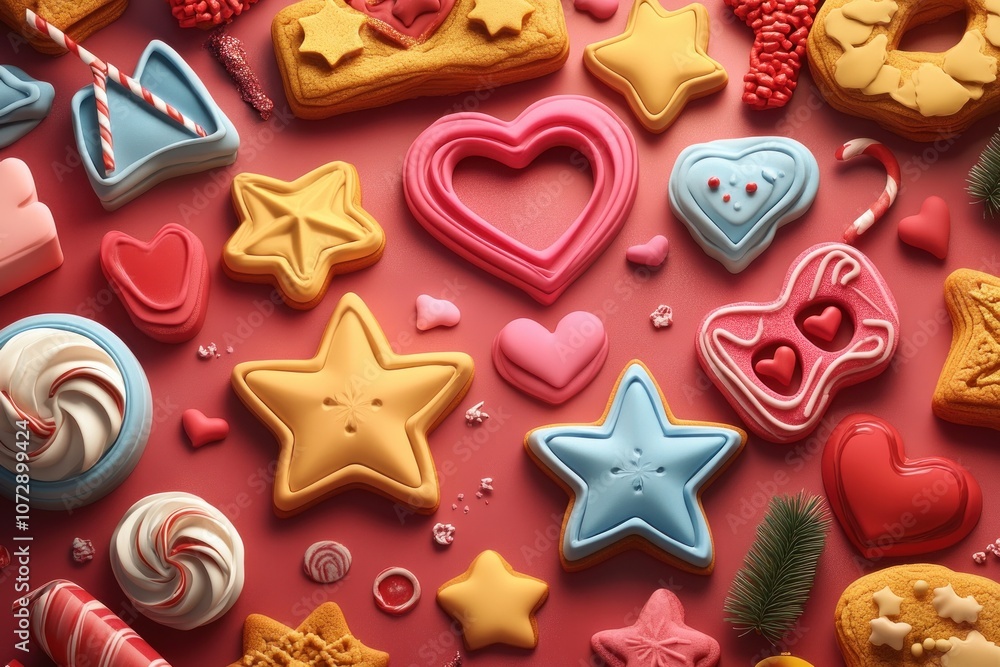 A variety of colorful cookies and candies on a pink background. A variety of colorful cookies and candies on a pink background.