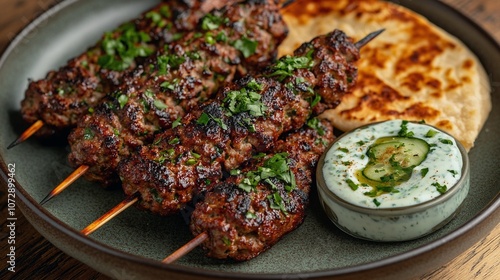 Spicy Lamb Kofta Skewers with Cucumber Yogurt Sauce and Flatbread