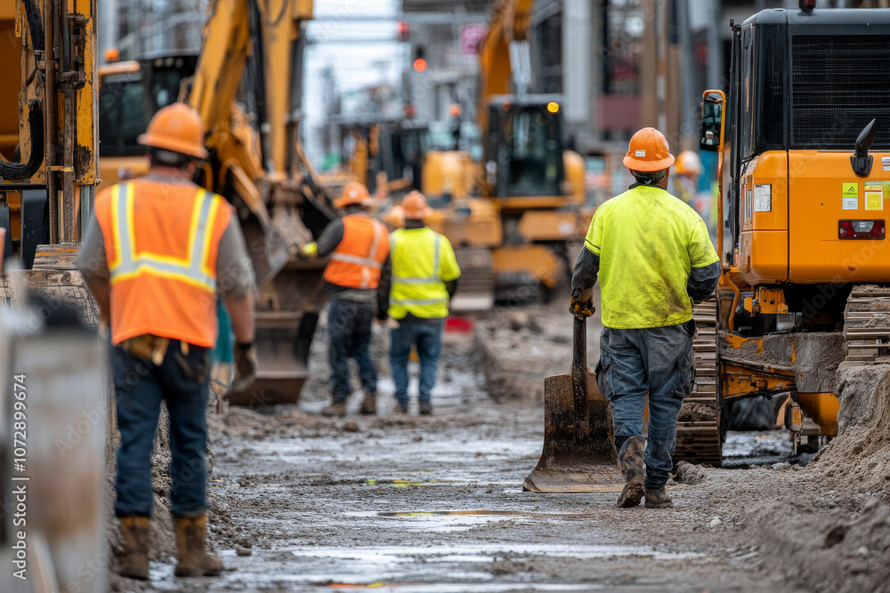 Construction workers in safety gear are actively engaged in busy construction site, surrounded by heavy machinery and equipment. scene captures hard work and dedication of team as they navigate muddy Construction workers in safety gear are actively engaged in busy construction site, surrounded by heavy machinery and equipment. scene captures hard work and dedication of team as they navigate muddy