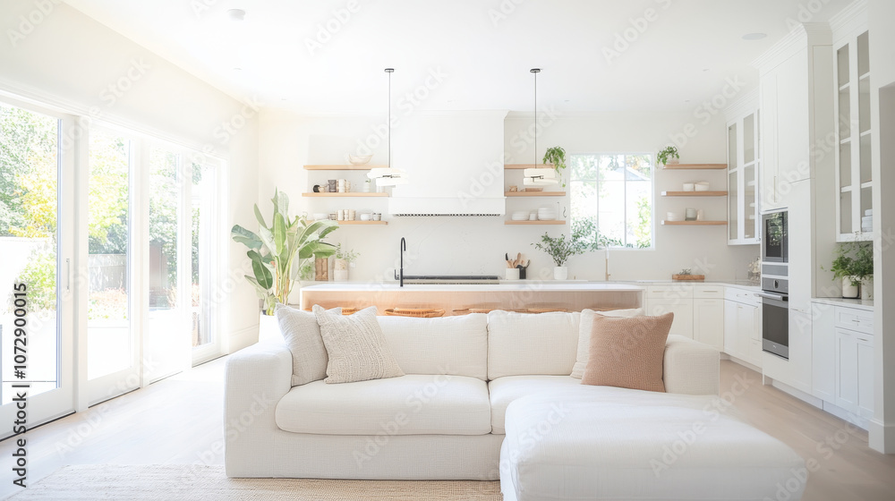 Fototapeta premium A bright and airy modern living room featuring cozy white sofa, stylish decor, and an open kitchen with natural light streaming in. space exudes tranquility and elegance