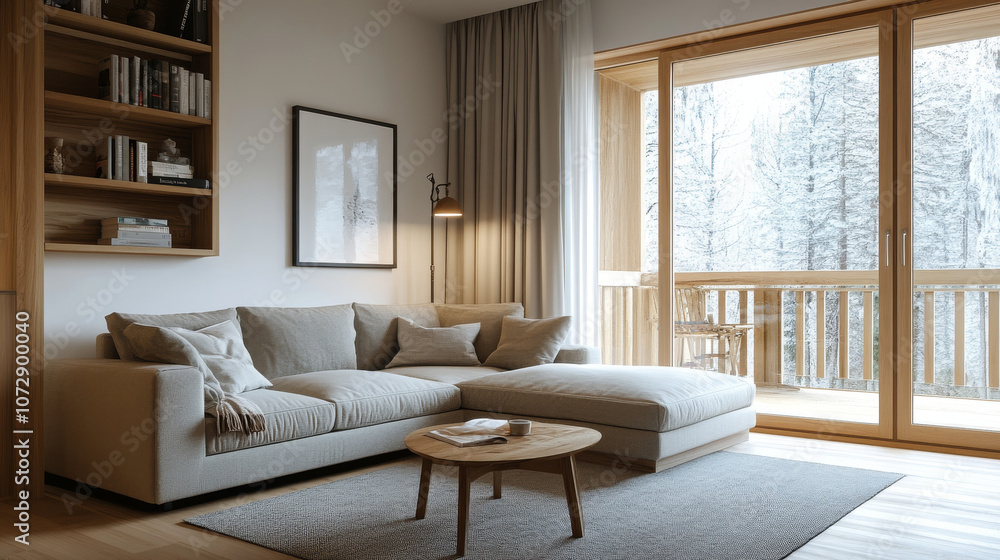 Fototapeta premium A cozy living room featuring light colored sectional sofa, wooden coffee table, and large windows showcasing snowy landscape. warm ambiance invites relaxation and comfort