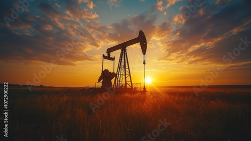 Pumpjack extracting crude oil in an open field during sunset energy production in action vast landscape of oil fields and equipment photo