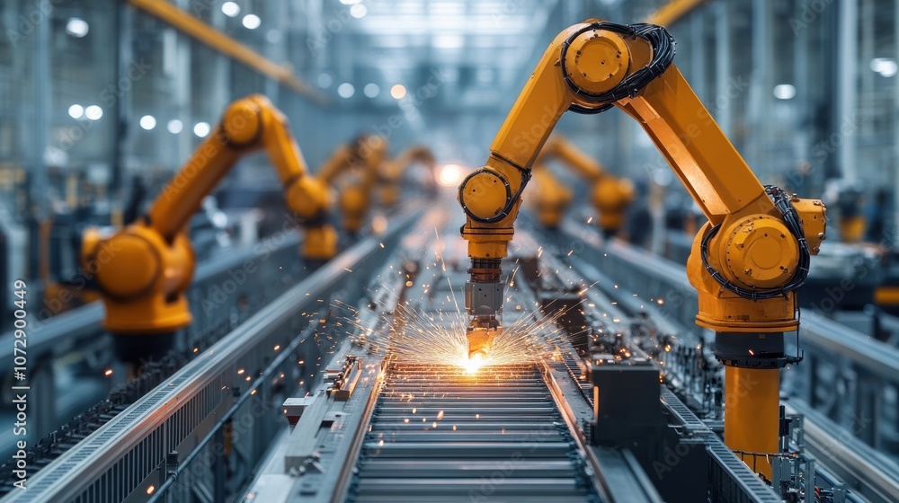 Robotic arms working in an automated production line in a high-tech manufacturing plant sparks flying as metal parts are welded advanced industrial setup Robotic arms working in an automated production line in a high-tech manufacturing plant sparks flying as metal parts are welded advanced industrial setup