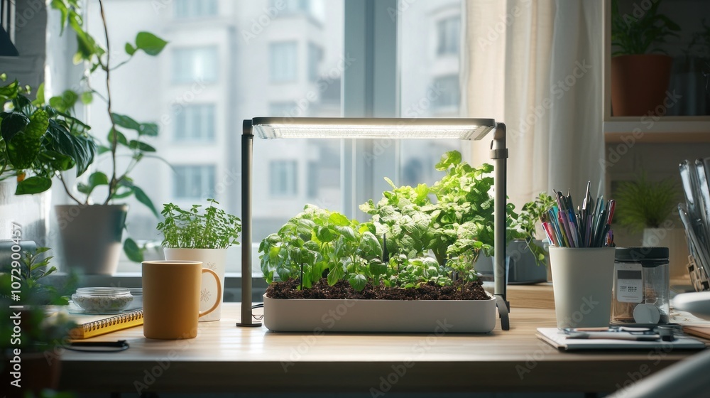 A desk with a small indoor garden with a grow light, a mug, a notebook, and plants on a window sill. A desk with a small indoor garden with a grow light, a mug, a notebook, and plants on a window sill.