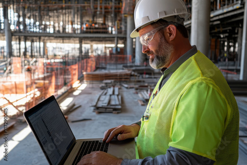 A construction worker in safety vest and hard hat is focused on his laptop at building site, surrounded by steel beams and construction materials. His concentration reflects importance of technology i