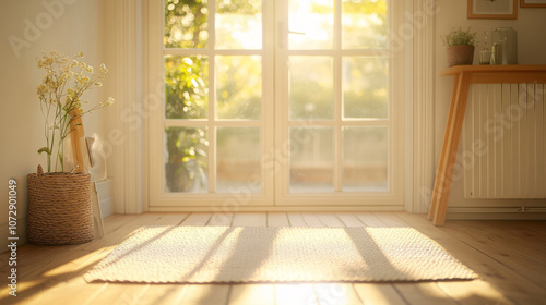 A serene interior scene featuring cozy room with natural light streaming through large windows. woven rug lies on wooden floor, complemented by potted plant and stylish table, creating warm and inviti photo