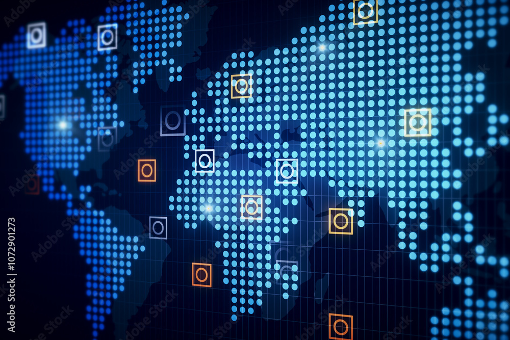 Perspective view on glowing digital world map with bright circles in squares on dark blue background, social network and big data concept. 3D rendering Perspective view on glowing digital world map with bright circles in squares on dark blue background, social network and big data concept. 3D rendering