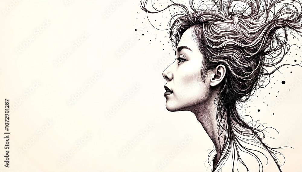 Intricate profile illustration of a woman with flowing hair and artistic line work, mental self-care theme, copy space Intricate profile illustration of a woman with flowing hair and artistic line work, mental self-care theme, copy space