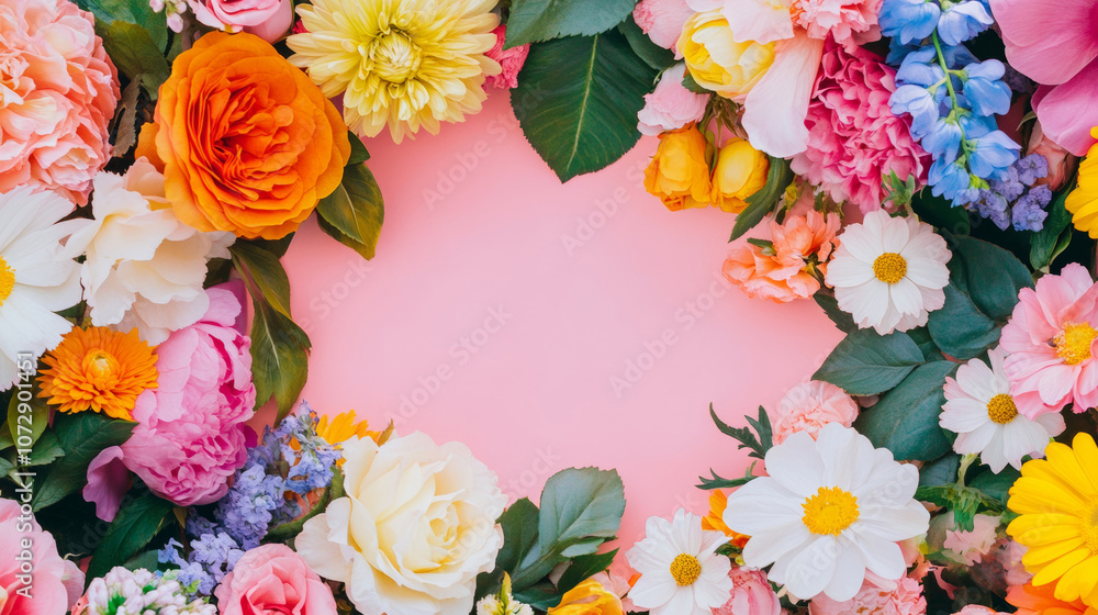 3D floral arrangement wall design with empty circle frame shimmering pink vibrant colorful background with copy space. rose blossom peony plants and leaves for card Valentine birthday romantic design 3D floral arrangement wall design with empty circle frame shimmering pink vibrant colorful background with copy space. rose blossom peony plants and leaves for card Valentine birthday romantic design