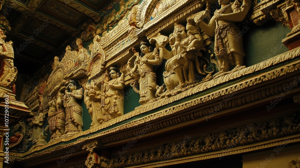 Fototapeta premium The grandeur of the Meenakshi Temple's golden tower at dusk, beautifully illuminated and adorned with intricate sculptures depicting Hindu mythology
