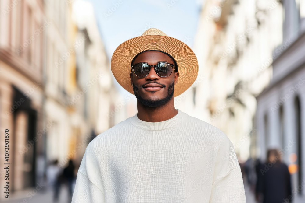 Obraz premium Stylish man wearing sunglasses and straw hat, smiling confidently in vibrant city street. warm sunlight enhances cheerful atmosphere of scene
