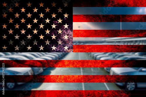 Flag of United States of America and new car in front of an American car factory