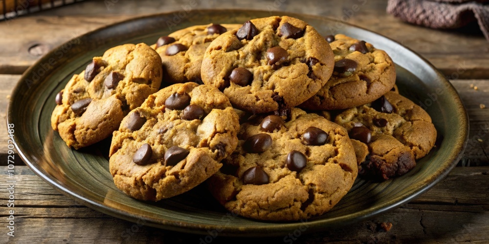 A plate of freshly baked chocolate chip cookies, golden brown and chewy, with melted chocolate chips glistening on the surface. A plate of freshly baked chocolate chip cookies, golden brown and chewy, with melted chocolate chips glistening on the surface.