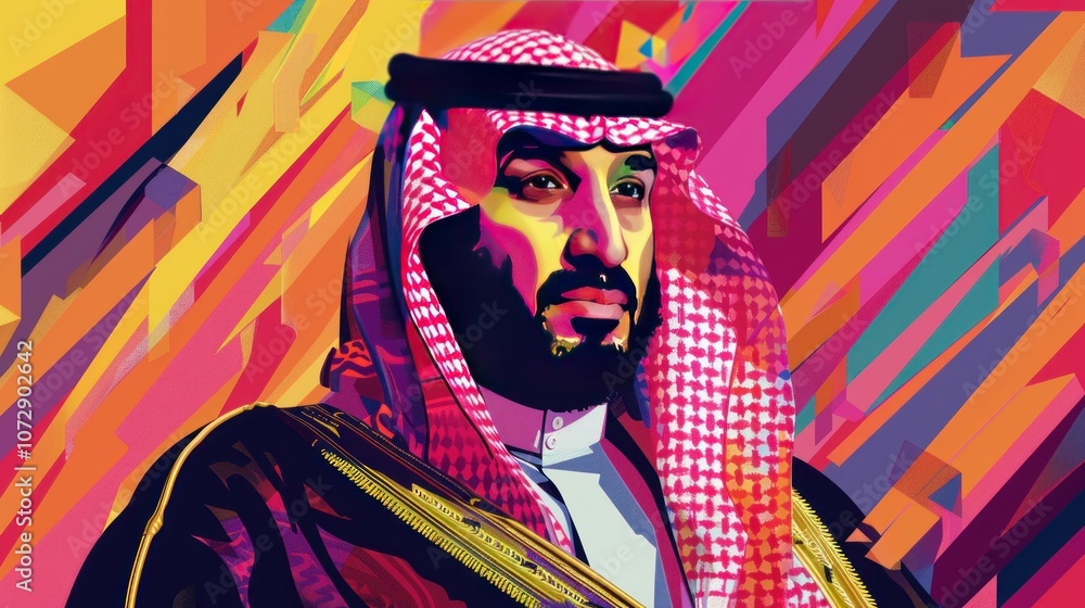 Fototapeta premium Colorful geometric portrait of a man with a beard and head covering.