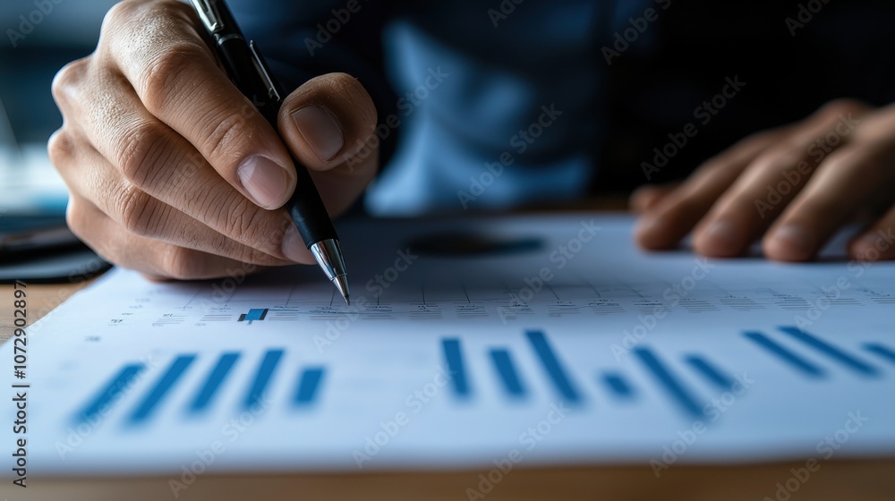 Close-up of a person writing on a report with graphs, emphasizing business analysis and financial planning. Close-up of a person writing on a report with graphs, emphasizing business analysis and financial planning.