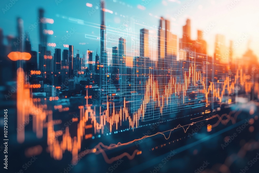 Dynamic city skyline with overlaying financial data analysis and stock market trends during sunset. Dynamic city skyline with overlaying financial data analysis and stock market trends during sunset.