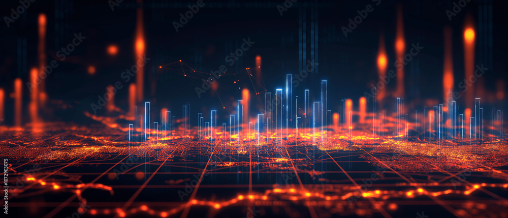 Fototapeta premium Digital Cityscape with Glowing Towers and Grid