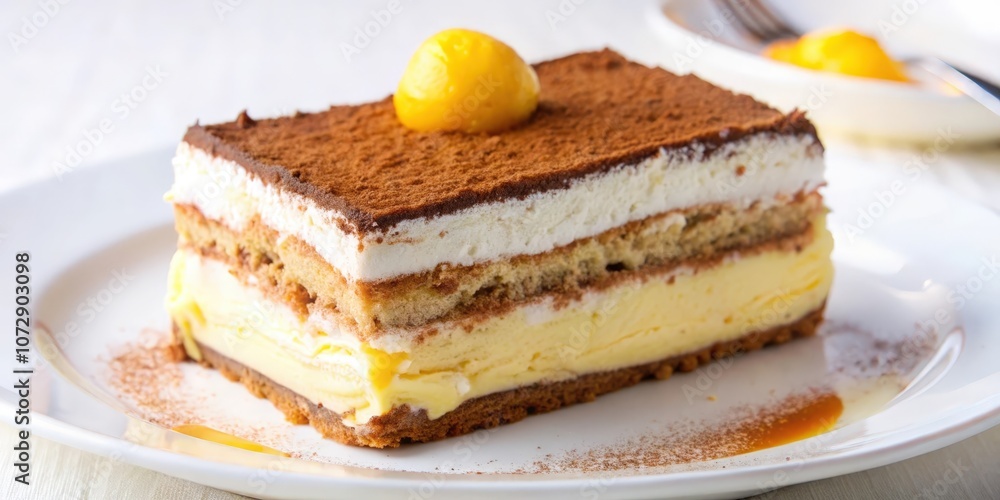 A decadent dessert with layers of creamy filling, sponge cake, and a dusting of cocoa powder, topped with a vibrant yellow fruit A decadent dessert with layers of creamy filling, sponge cake, and a dusting of cocoa powder, topped with a vibrant yellow fruit