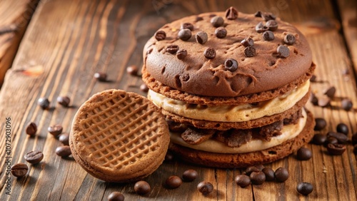 Close-up of a chocolate cookie with coffee beans and a crispy wafer cookie on a rustic wooden surface