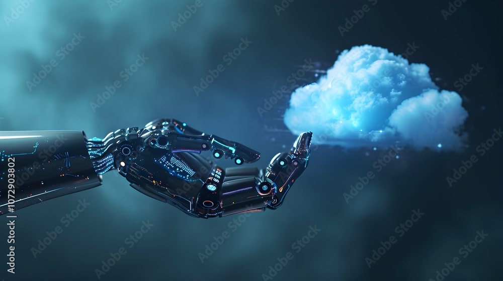 Robot hand Connection in a Digital Landscape with Cloud computing for data storage and transfer for safety Cloud icon with data icon with Blue glowing cloud with a circuit board below it cloud concept Robot hand Connection in a Digital Landscape with Cloud computing for data storage and transfer for safety Cloud icon with data icon with Blue glowing cloud with a circuit board below it cloud concept
