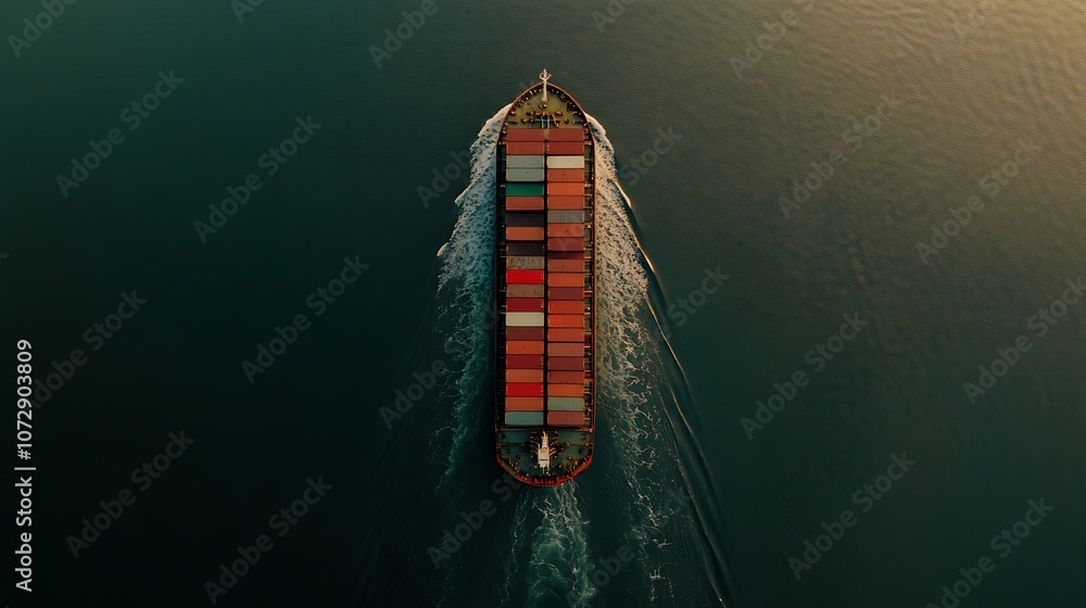 Aerial drone panoramic ultra wide photo of industrial truck size container tanker ship cruising in open ocean deep blue sea Aerial drone panoramic ultra wide photo of industrial truck size container tanker ship cruising in open ocean deep blue sea