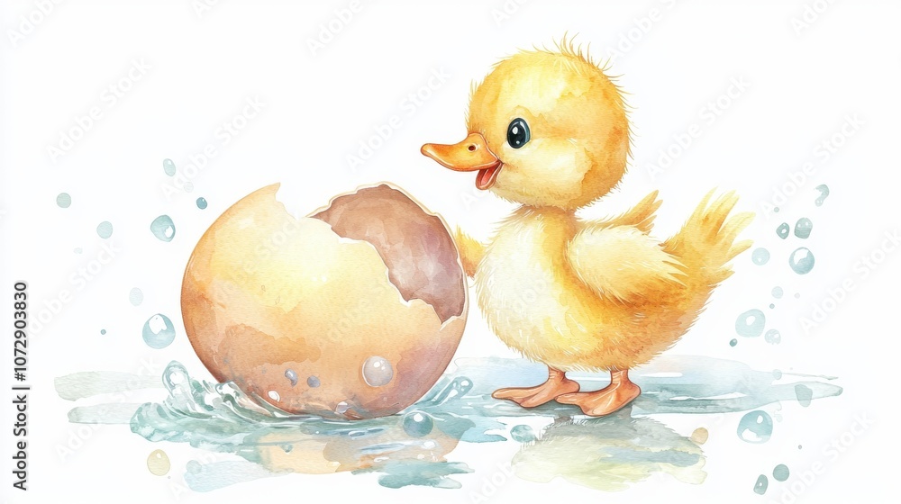A cheerful duckling hatching from its egg, surrounded by water droplets, symbolizing new beginnings and joy in nature. A cheerful duckling hatching from its egg, surrounded by water droplets, symbolizing new beginnings and joy in nature.