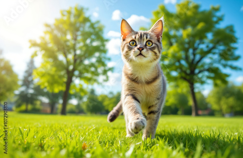 A playful cat walking through a sunlit park, embodying the carefree essence of outdoor adventure and exploration