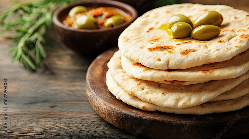 Freshly Made Flatbread with Olives and Spices Freshly Made Flatbread with Olives and Spices