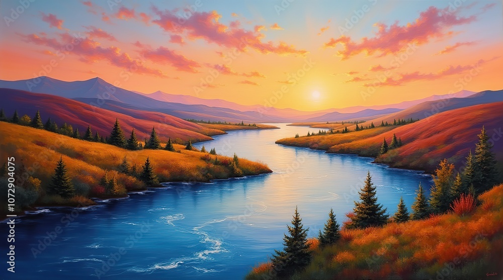Obraz premium river between the hills, landscape drawing