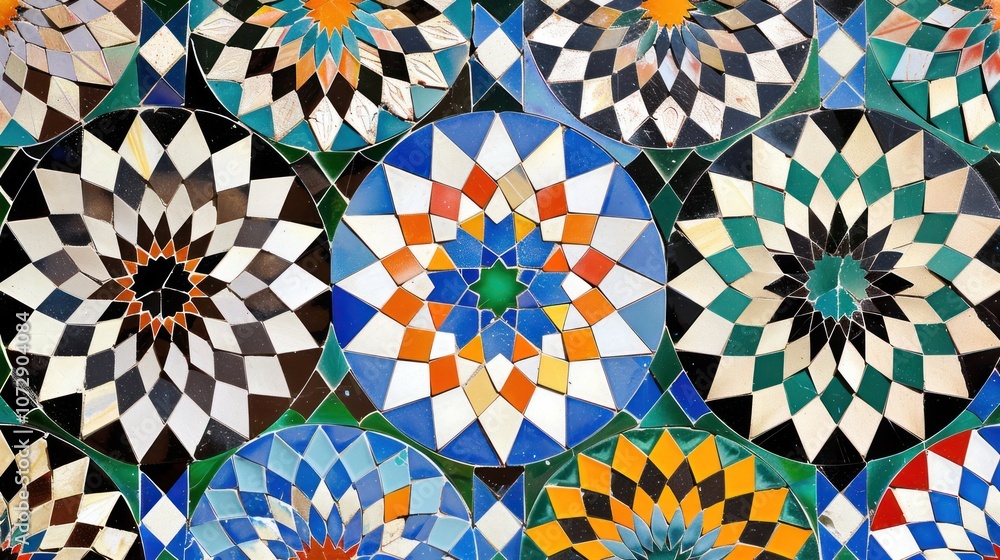 Colorful mosaic tiles create intricate geometric patterns. Colorful mosaic tiles create intricate geometric patterns.