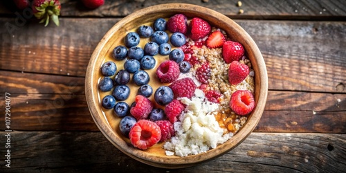 A Rustic Wooden Bowl Overflowing with a Colorful Medley of Fresh Berries, Granola, and Creamy Yogurt, a Delightful and Nutritious Breakfast Option