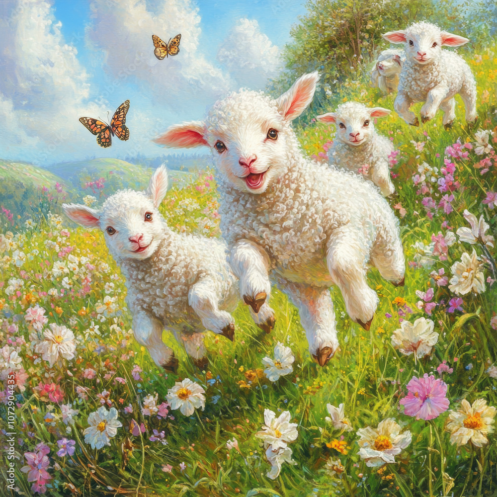 Four adorable white lambs frolic playfully through a lush meadow, surrounded by a vibrant array of flowers. Four adorable white lambs frolic playfully through a lush meadow, surrounded by a vibrant array of flowers.