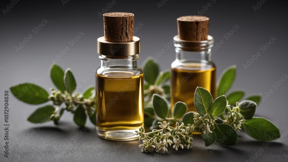 Aesthetic bottle of essential oil on a gray silk background. Oregano on the side. Aesthetic bottle of essential oil on a gray silk background. Oregano on the side.