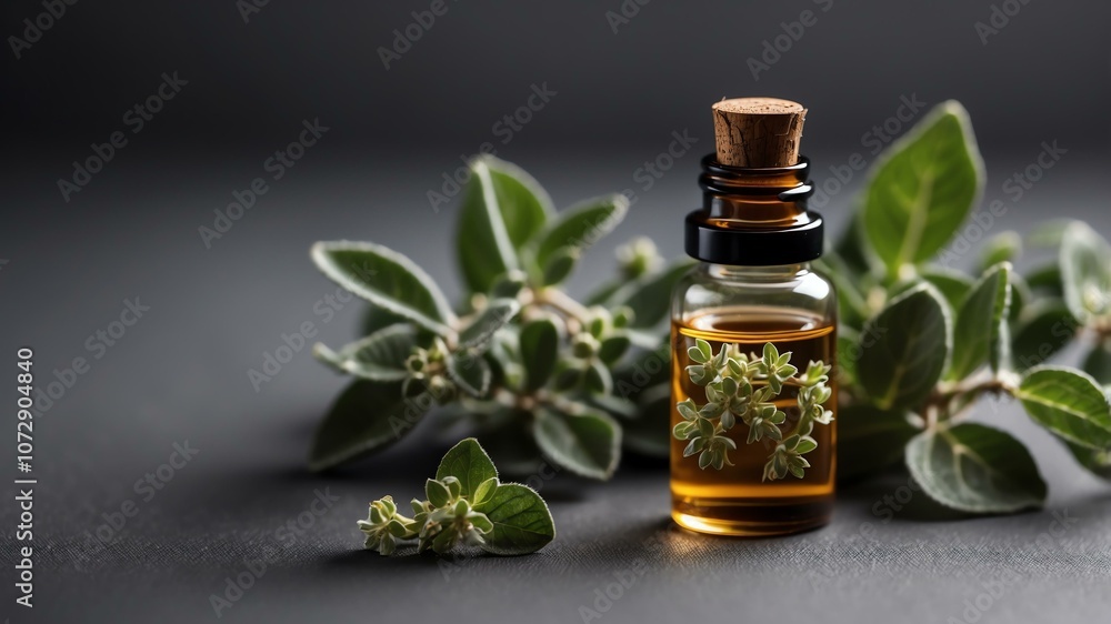 Aesthetic bottle of essential oil on a gray silk background. Oregano on the side. Aesthetic bottle of essential oil on a gray silk background. Oregano on the side.