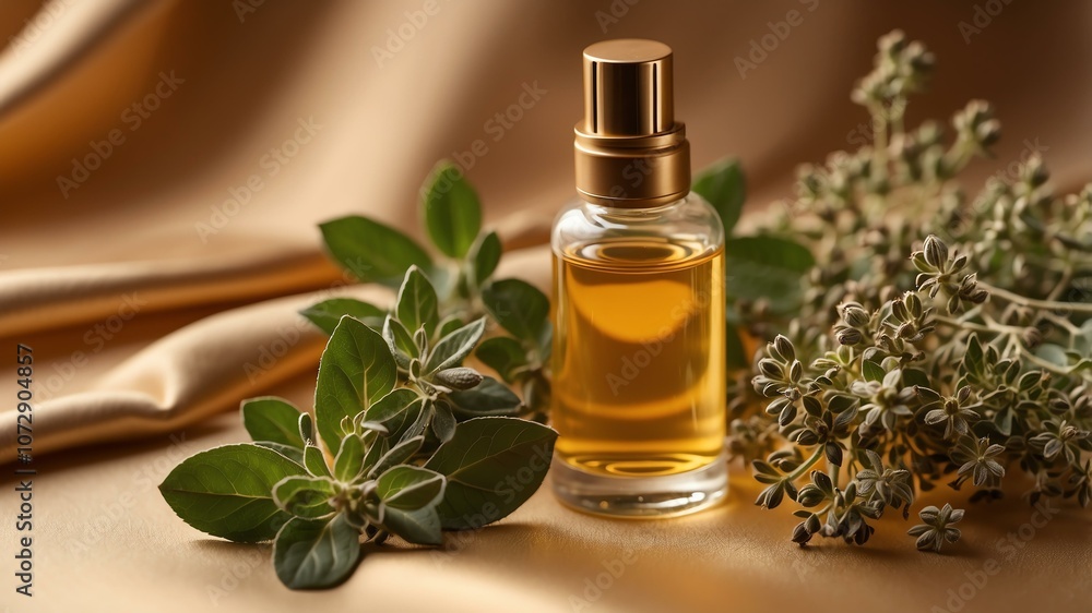 Aesthetic bottle of essential oil on a gold silk background. Oregano on the side. Aesthetic bottle of essential oil on a gold silk background. Oregano on the side.