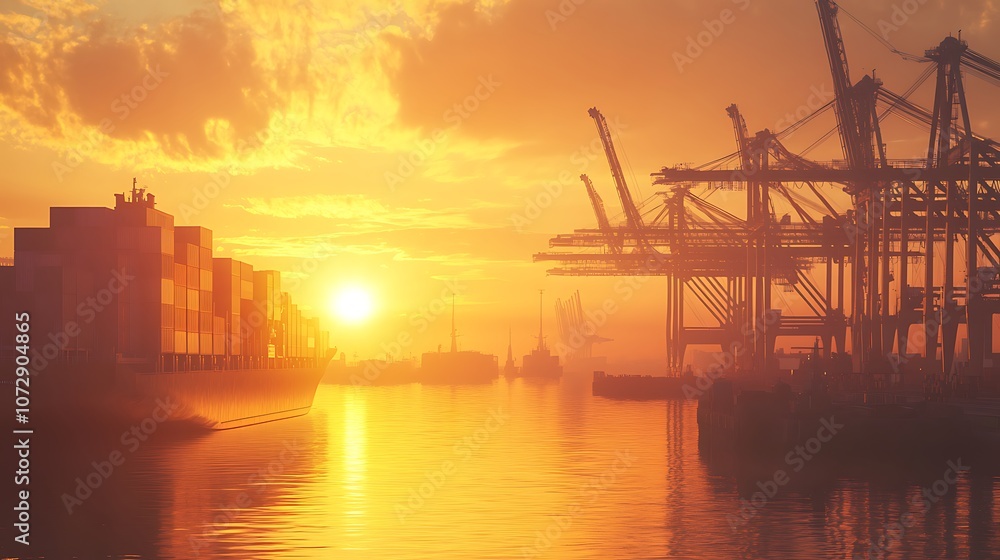 Sunrise over Industrial Port with Cranes Sunrise over Industrial Port with Cranes