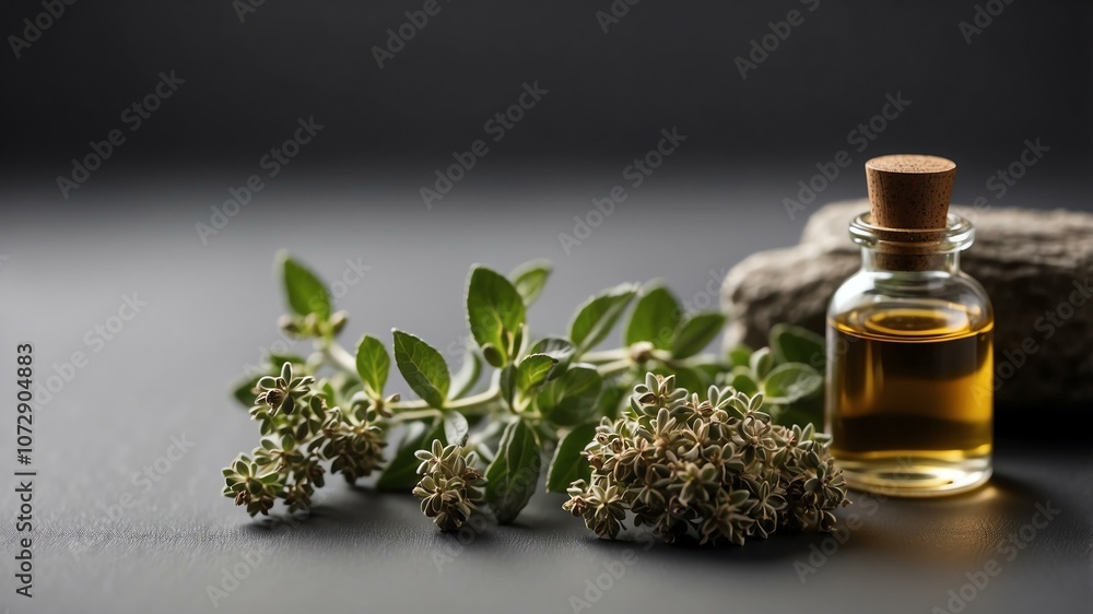 Aesthetic bottle of essential oil on a gray silk background. Oregano on the side. Aesthetic bottle of essential oil on a gray silk background. Oregano on the side.